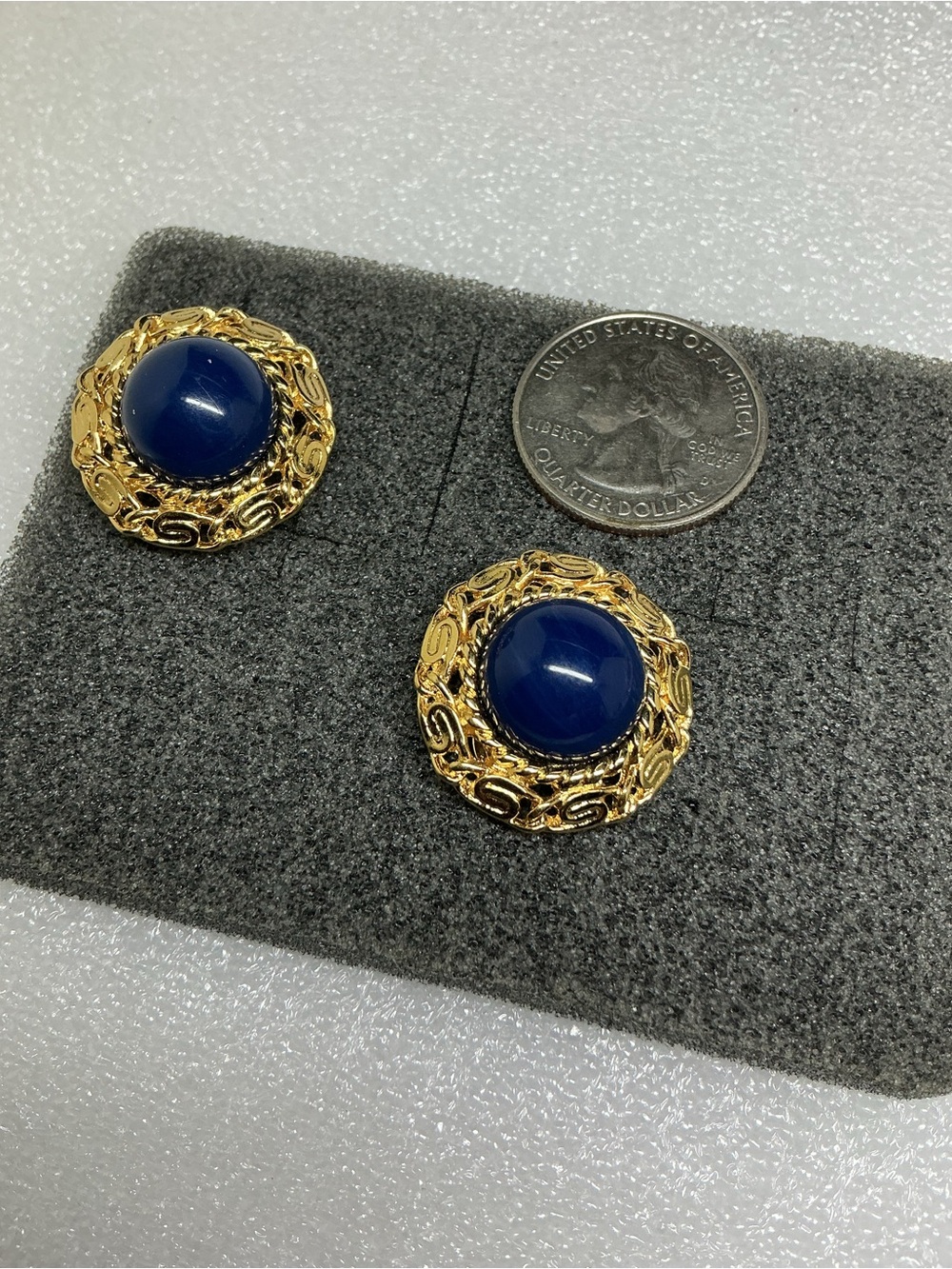 Monet Gold Tone blue cabochon Clip-On Earrings – Vintage Elegance